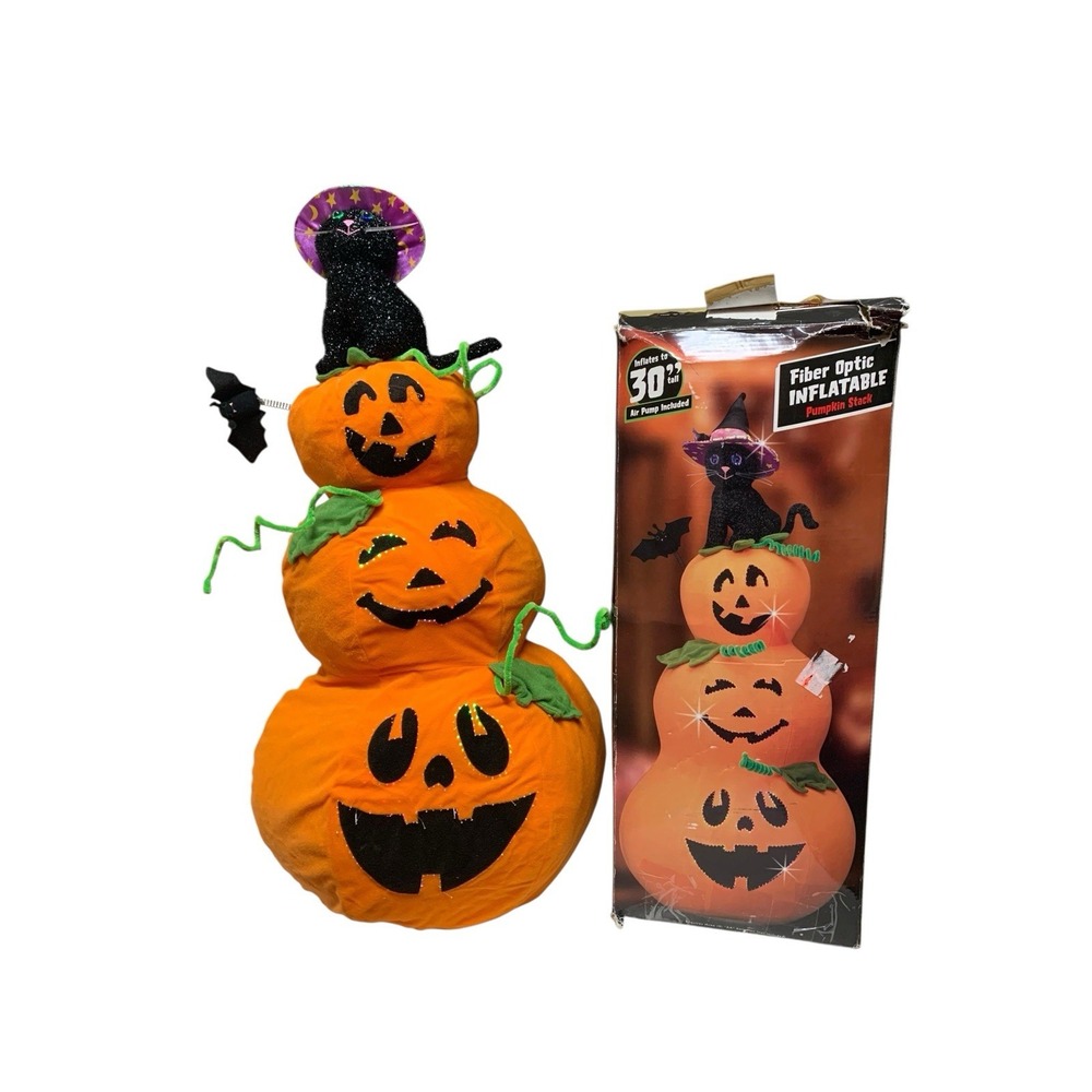 Vintage 2005 Fiber Optic Halloween Inflatable Pumpkin Stack Black Cat 30"